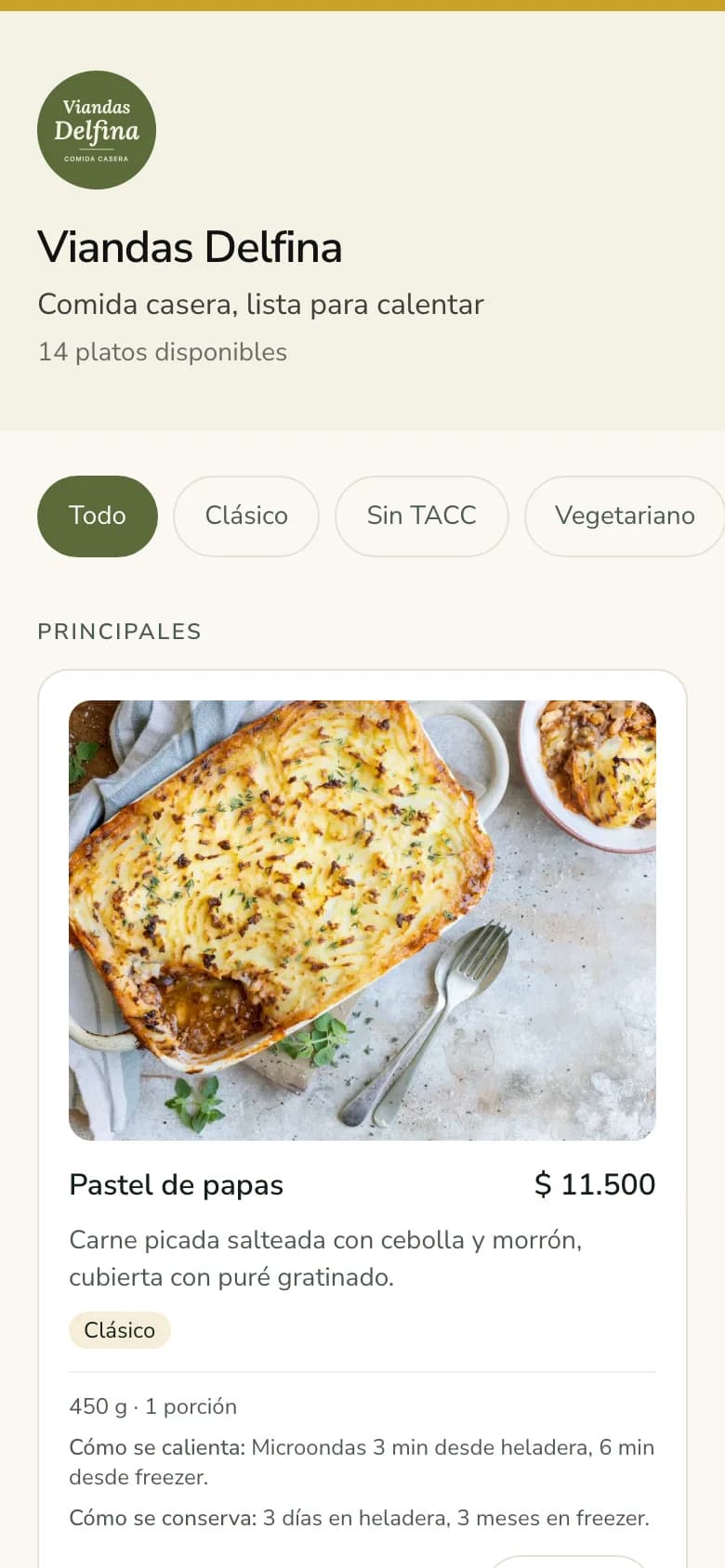 Una tienda de ejemplo en Viandap vista en un celular: el menú de la semana con precios y el botón para agregar cada plato al pedido.